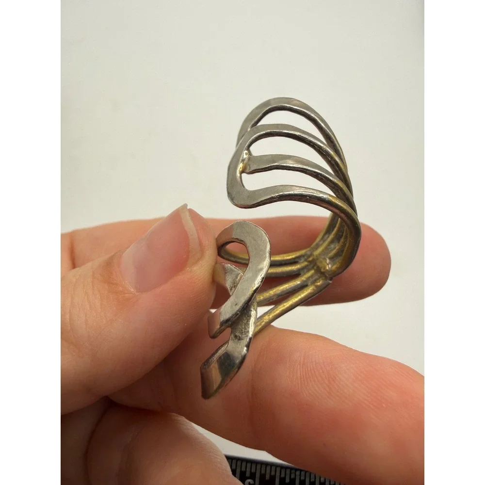 Vintage Modernist Multi Band Cage Ring Silver Tone Statement Sculptural Size 7.5